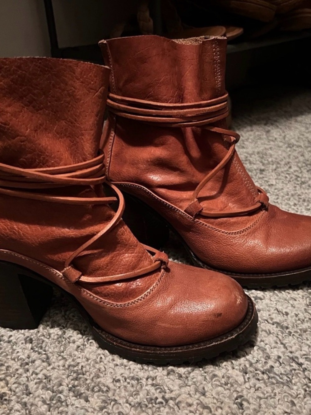 freebird Cognac Leather Wrap-Detail Ankle Heeled Boots